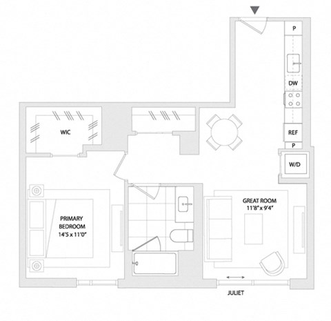 Floor plan for 1 bed, 1 bath, 667 sqft